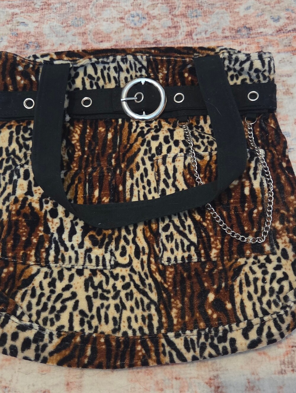 Leopard Print Tote Bag with Black Straps and Chain Detail